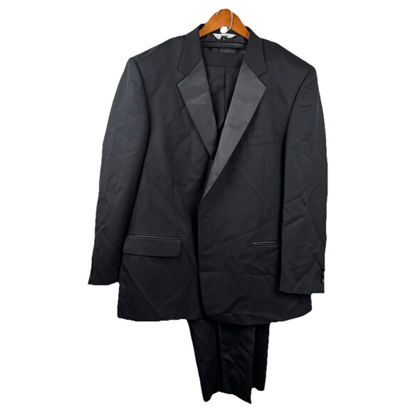 Versini Men's Tuxedo 2 Piece Suit Jacket Pants Black Wool Satin Lapels Size 50L - Picture 1 of 10